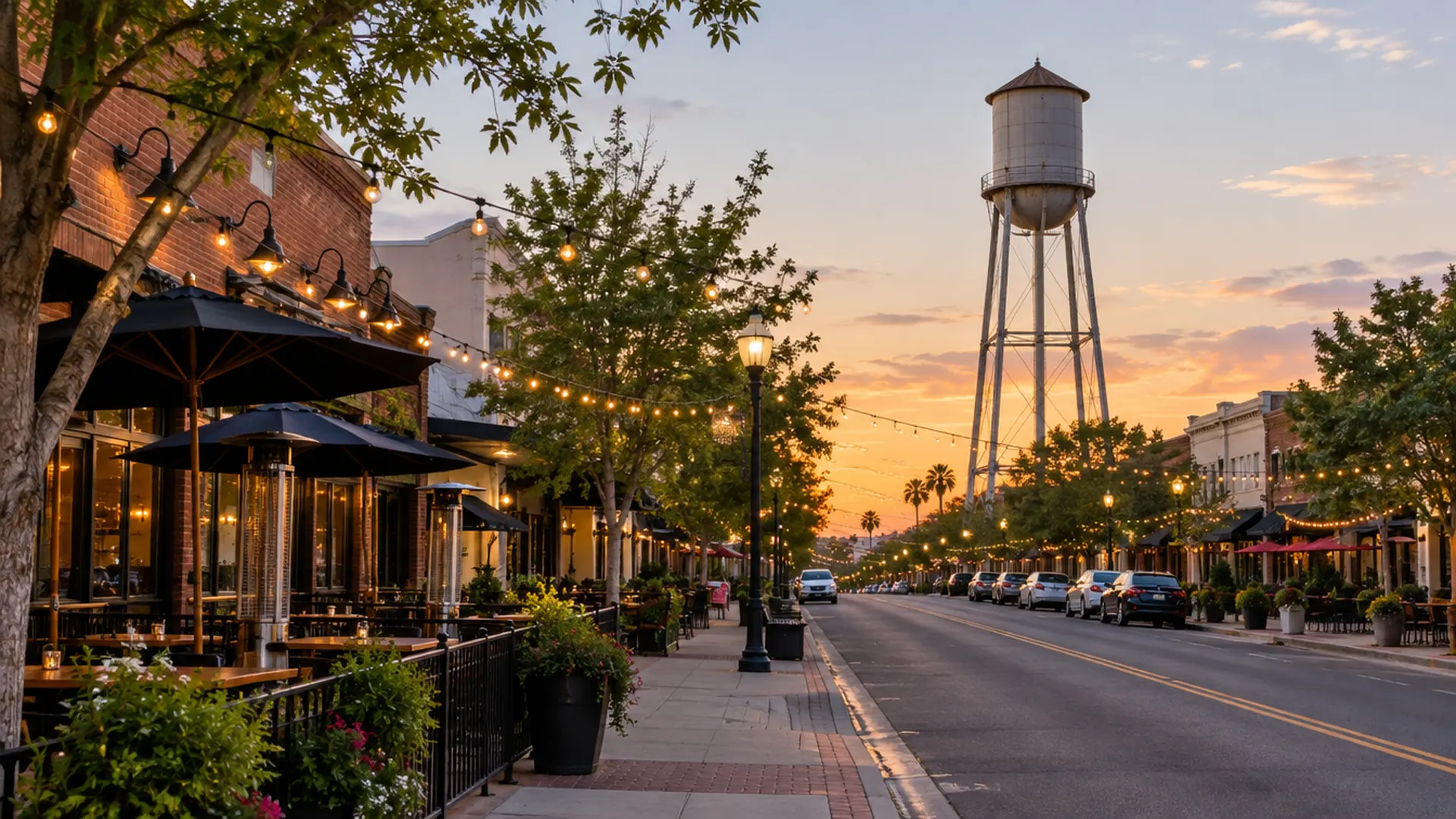 Historic downtown Gilbert, Arizona main street with restaurants, string lights and a tall vintage water tower, early evening