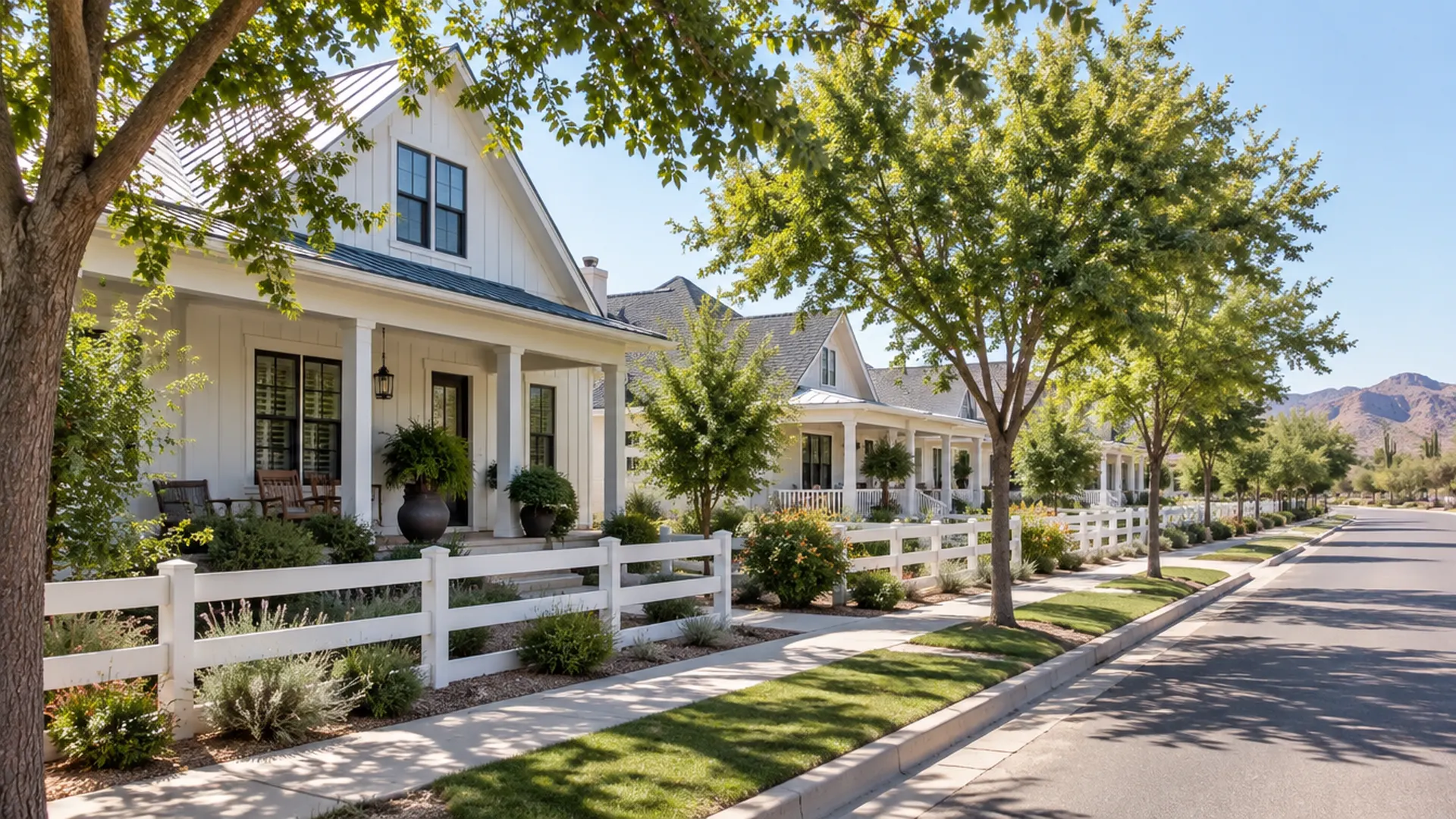 Tree-lined street of farmhouse-style homes with white fences and wide porches in an east Gilbert, Arizona neighborhood