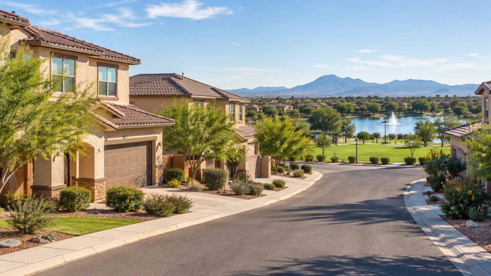 Master-planned Arizona neighborhood street with stucco two-story homes, tile roofs, a green park and lake in the distance