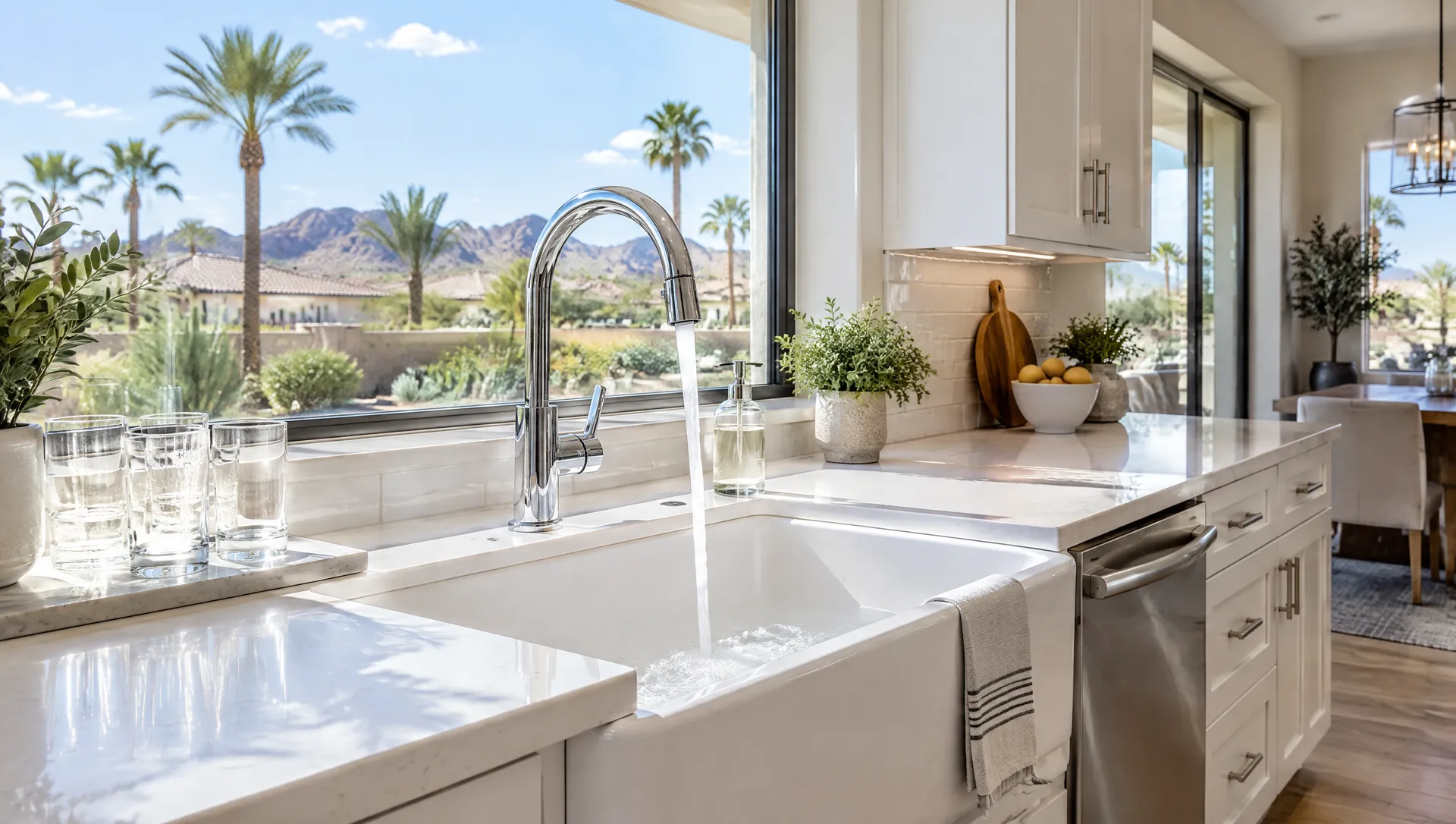 Bright Gilbert kitchen with clear water running from a chrome faucet into a white sink, palm trees and mountains outside the window