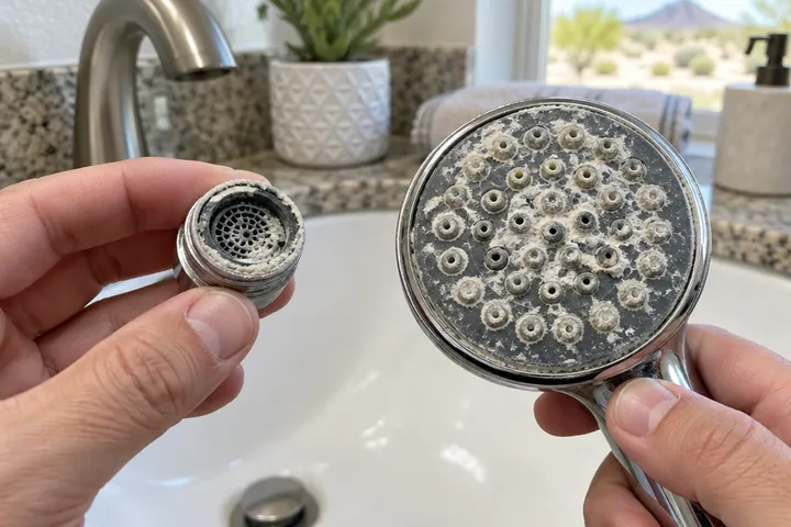 Close-up of a faucet aerator and a showerhead clogged with white calcium scale, held over a bathroom sink