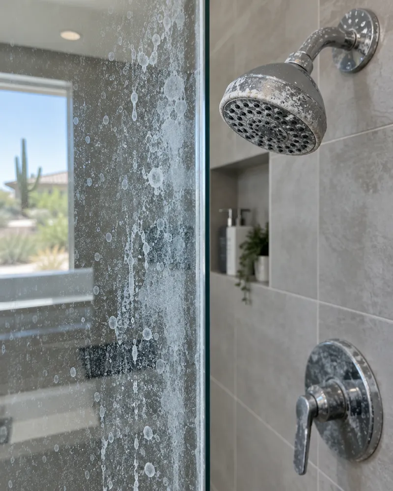 White mineral scale spots on a glass shower door and a crusty chrome showerhead in a modern bathroom, close enough to see the hard-water film