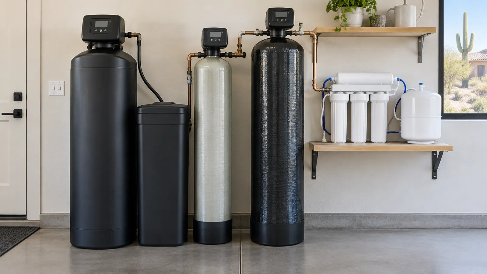 Lineup in a clean garage of four home water treatment systems side by side: a softener with brine tank, a slim salt-free conditioner tank, a whole-house carbon filter tank, and an under-sink reverse osmosis unit on a shelf