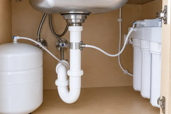 Under a kitchen sink: reverse osmosis drain saddle clamp on the sink drain pipe with small tubing neatly routed, clean cabinet