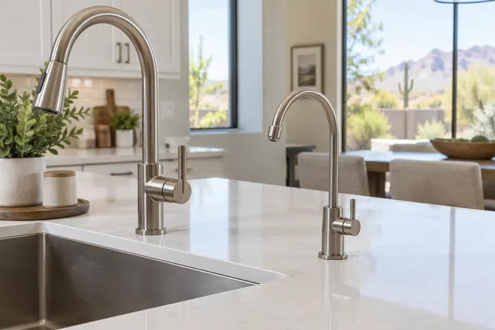 Brushed nickel dedicated drinking water faucet mounted on a white quartz countertop next to a main kitchen faucet