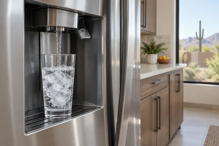 Stainless steel refrigerator door dispenser pouring filtered water and ice into a glass in a modern kitchen