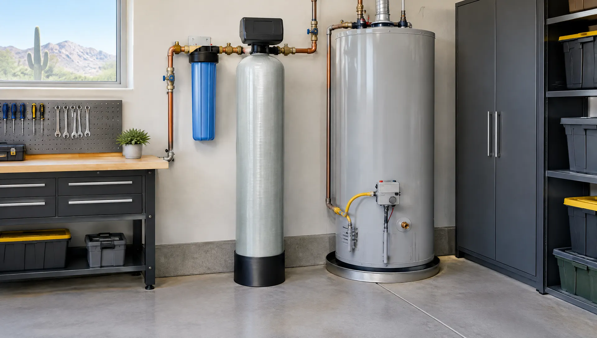 Salt-free water conditioner and pre-filter installed beside a water heater in a garage