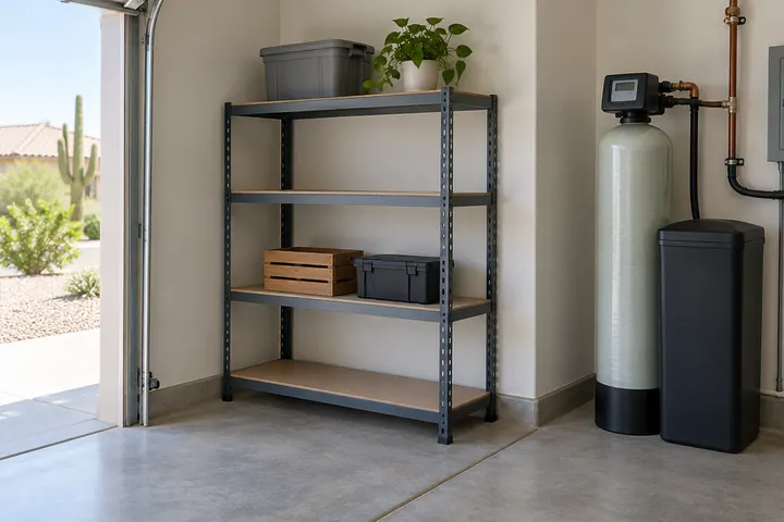 Empty garage corner where bags of softener salt used to be stacked, now just a tidy shelf, conveying no salt to haul