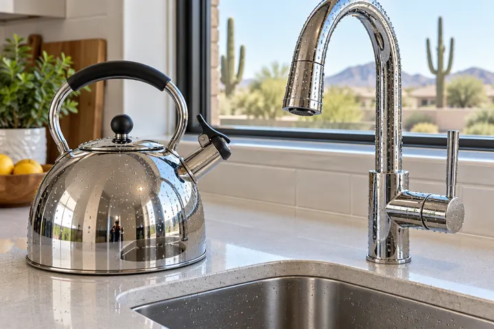 Shiny scale-free stainless kettle and clean faucet in a kitchen, water droplets beading without white residue