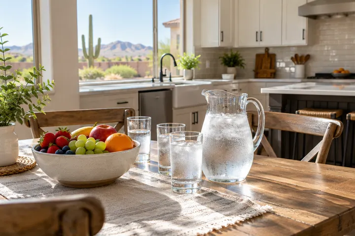 Family kitchen with a pitcher of water and glasses on the table, healthy fruit bowl, bright Arizona morning light