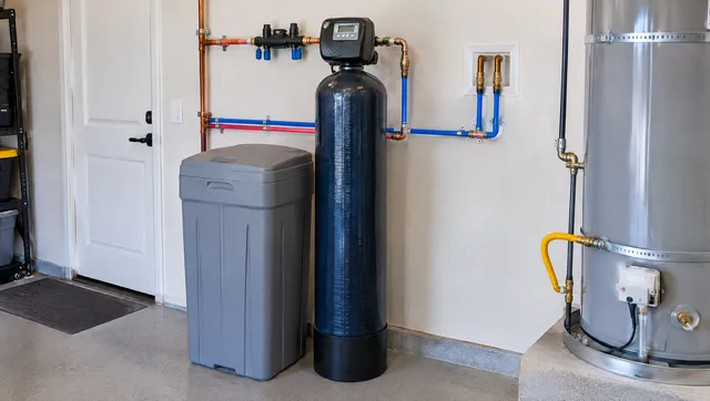 Water softener resin tank and brine tank connected to a softener loop in a clean Arizona garage