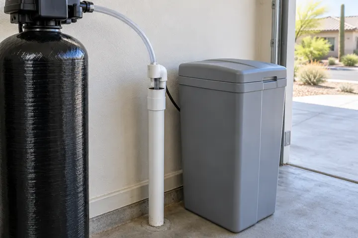 Softener drain tubing running into a PVC standpipe with a visible air gap fitting beside a grey brine tank in a garage