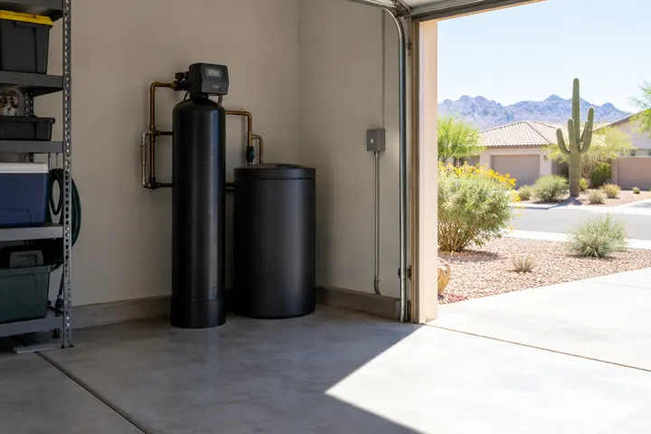 Water softener in a garage with bright desert sunlight streaming through the open garage door, softener positioned in the shade along the back wall
