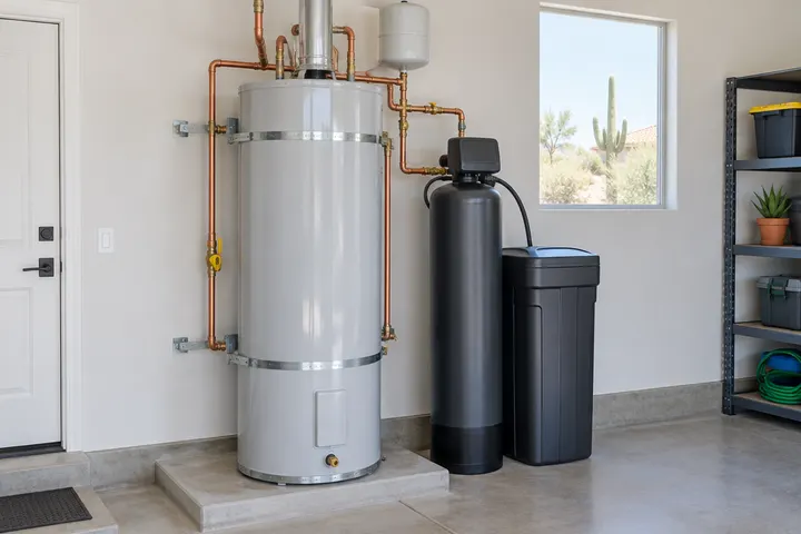 New clean tank water heater installed in a garage next to a water softener, copper connections, bright and tidy