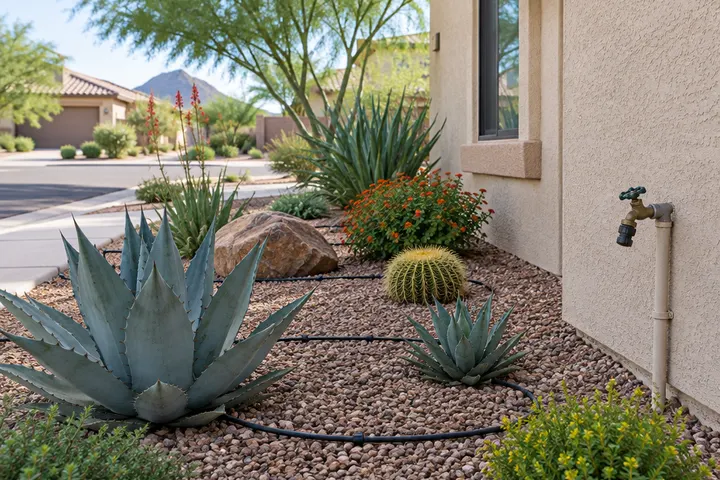 Desert landscaped front yard in Gilbert with drip irrigation lines, gravel and agave, an outdoor hose bib on the stucco wall of the house