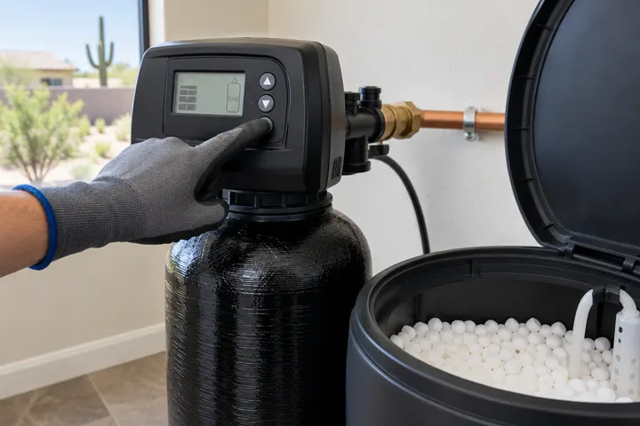 Gloved hand pressing buttons on a residential water softener digital control valve display, brine tank lid open beside it with white salt pellets