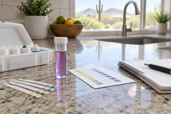 Water hardness test kit with a small vial of tap water turning color, test strips and a notepad on a kitchen counter