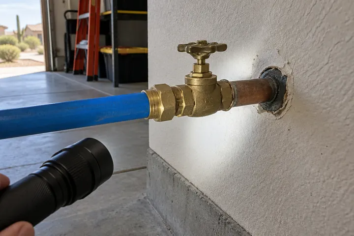 Main water line with a brass shutoff valve entering a home through the garage wall, plumber's flashlight pointing at it