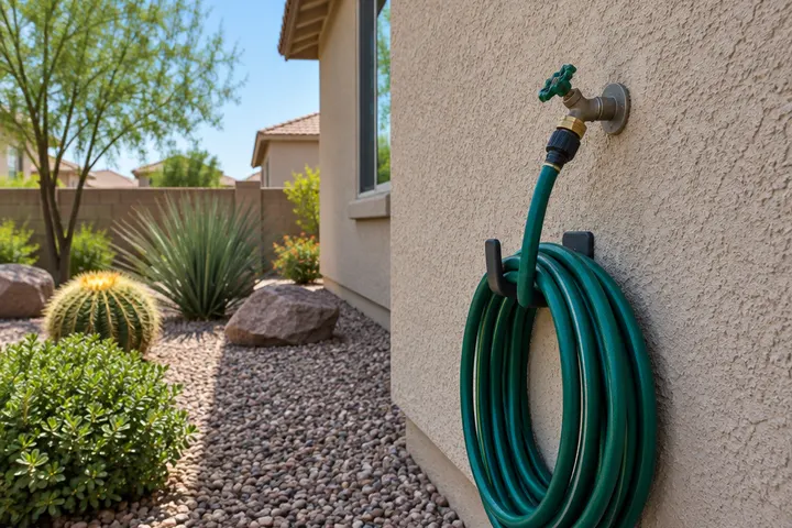 Outdoor hose bib on a stucco wall with a garden hose coiled beneath, desert landscaping and gravel