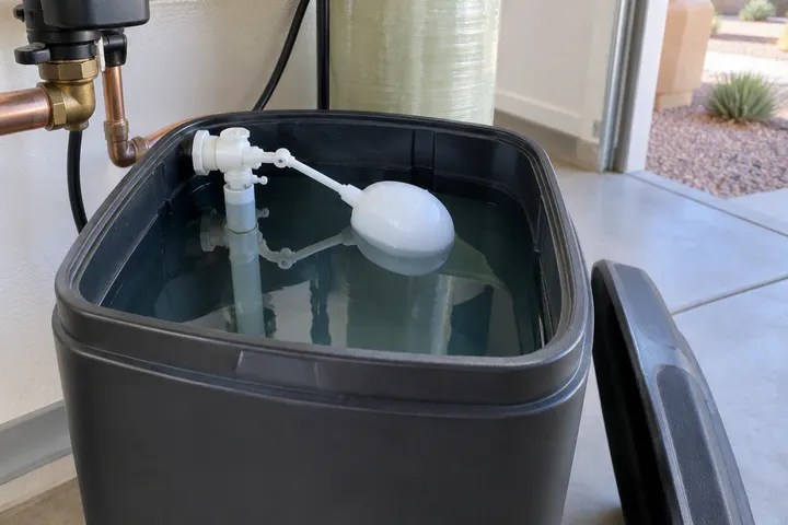 Brine tank lid off showing the tank filled high with water, float assembly visible