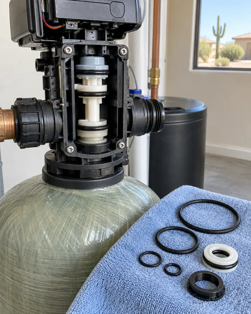 Opened water softener control valve showing the internal piston and seals, with replacement O-rings laid on a cloth beside it