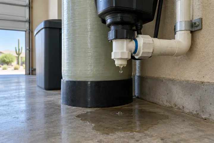 Small puddle on a garage floor under a water softener fitting with a drip forming at the connection
