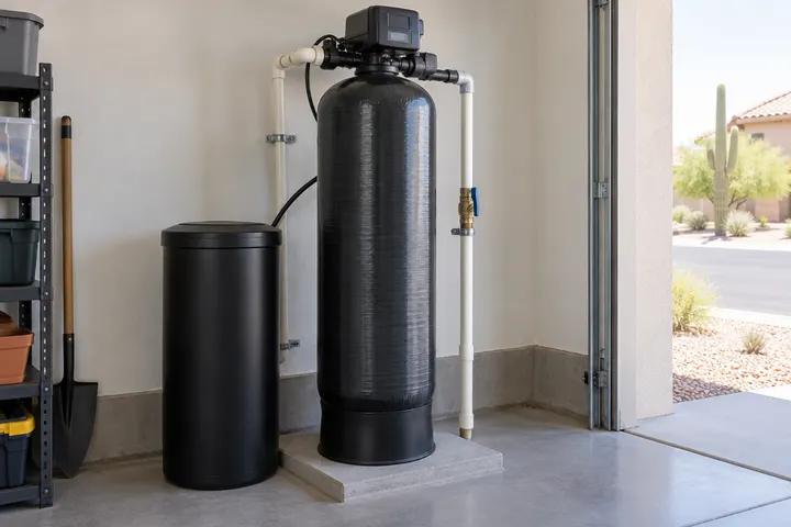 Large whole-house carbon filter tank with an automatic backwash valve mounted on a pad in a garage