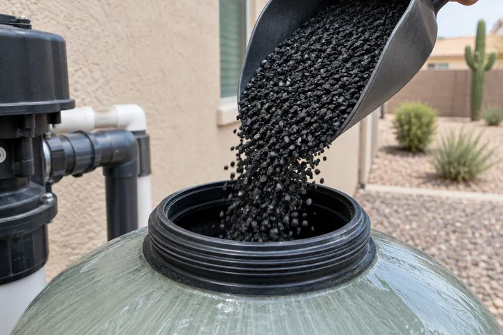 Close-up of black granular activated carbon media pouring from a scoop into a filter tank opening