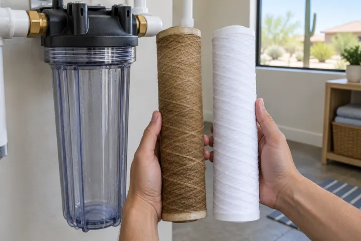 Clear sediment pre-filter housing showing a used brownish filter cartridge next to a new white cartridge, held side by side